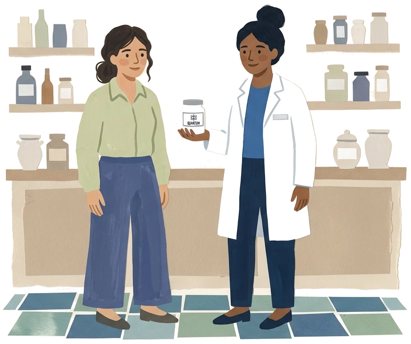 A pharmacist handing a compounded jar to a patient at the pharmacy counter