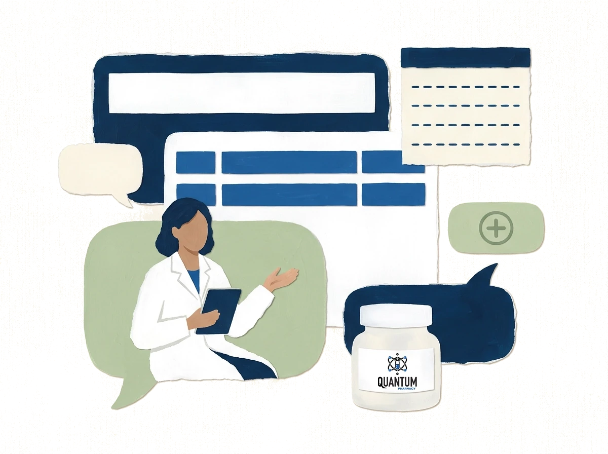 A pharmacist beside a saved medication list with an option to add another prescription