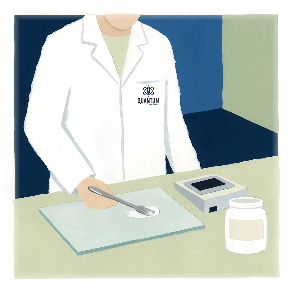 A pharmacist weighing and mixing a compound at the bench