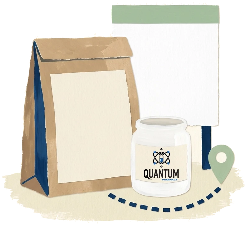 A Quantum jar and a kraft mailer, with a delivery route marked to a destination pin