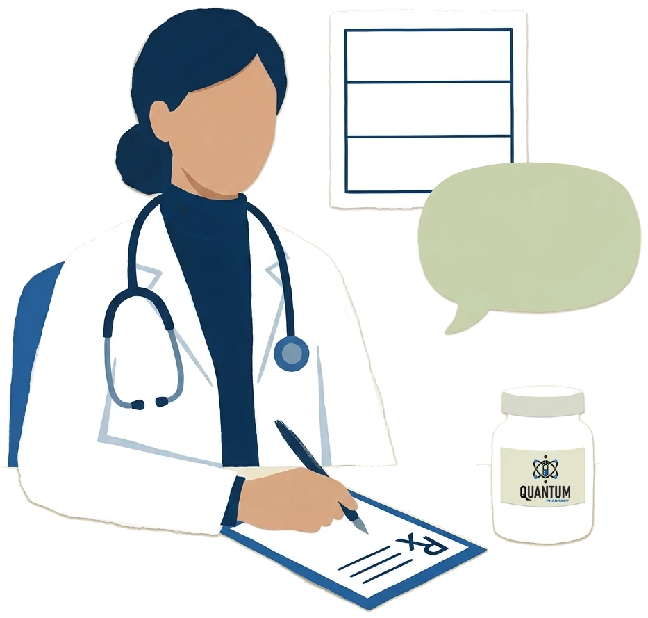 A prescriber writing a formula on a prescription pad beside a Quantum jar