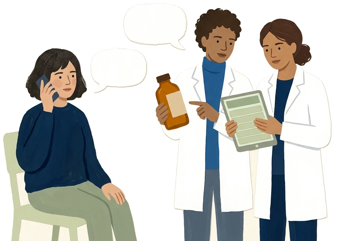 A patient on the phone to the pharmacy while two pharmacists review her formula together